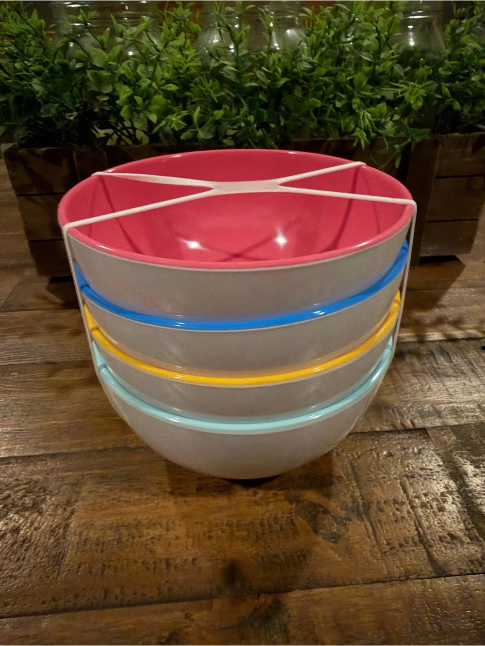 Stackable White Mixing Bowl Set with Pink, Blue, Yellow and Mint Rims